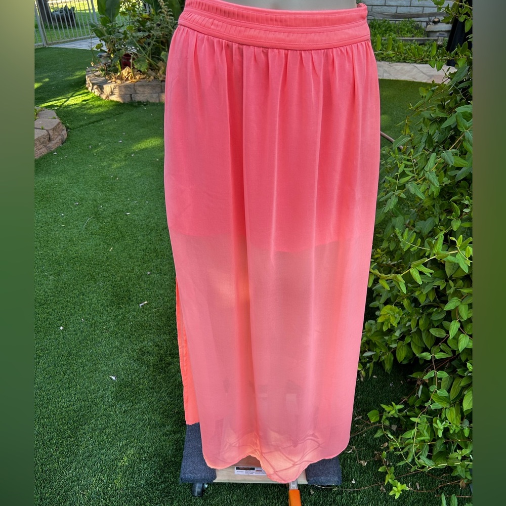 WOMENS SMALL UNDER SKIES ORANGE CORAL SHEER DOUBLE HIGH SIDE SLIT SIDE ZIP SKIRT
